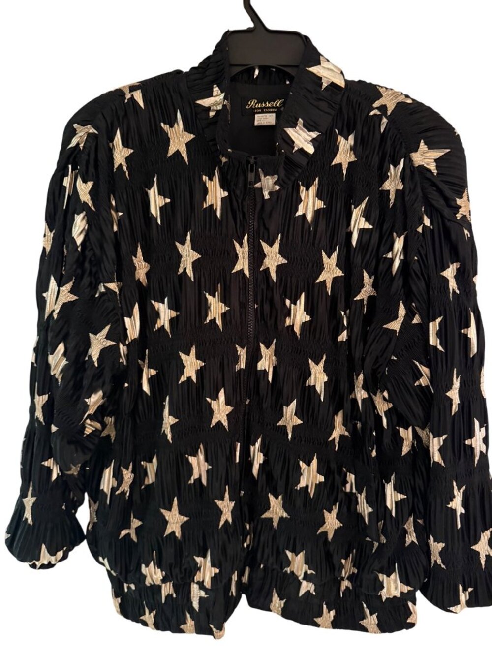 Russell Womens High Fashion Pleated Bomber Jacket Gold Stars Size XL Vintage